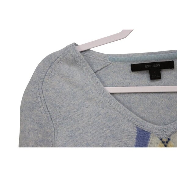 Express Sweater Size Large 100% Lambs Wool Knit Argyle Preppy Pastel V-Neck - Picture 5 of 13